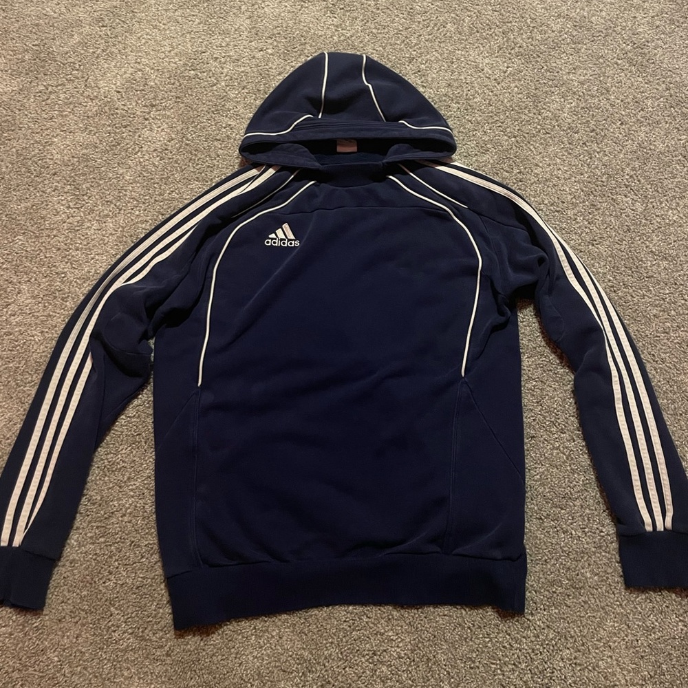 Navy Adidas Y2K Soccer Style Hoodie w/ White Tube Accents - Size L
